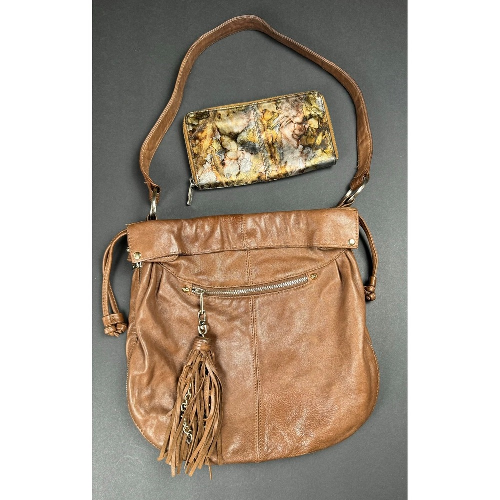Junior Drake Leather Hobo Shoulder Bag Tassel Expandable Matching Wallet Brown